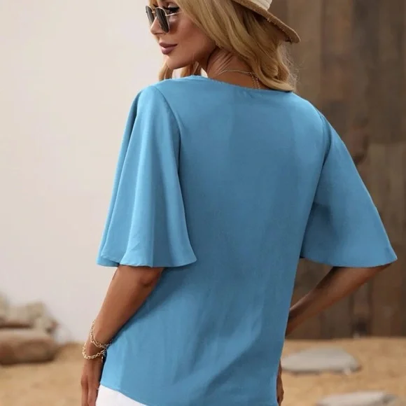 butterfly frill ruffle sleeve boho blouse top royal blue - Picture 6 of 10